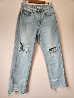 BDG High Waist Distressed Cowboy Jeans Relaxed Straight Leg Chewed Hem SZ 27 EUC